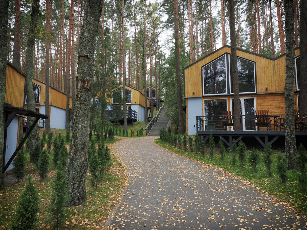 Rząd domków z zapalonymi światłami widziany od plaży o zmierzchu, wśród wysokich sosen